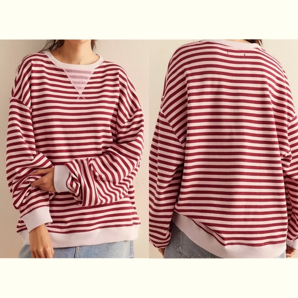 - Free People We The Free Striped Crewneck Sweatshirt Raspberry Combo Size…